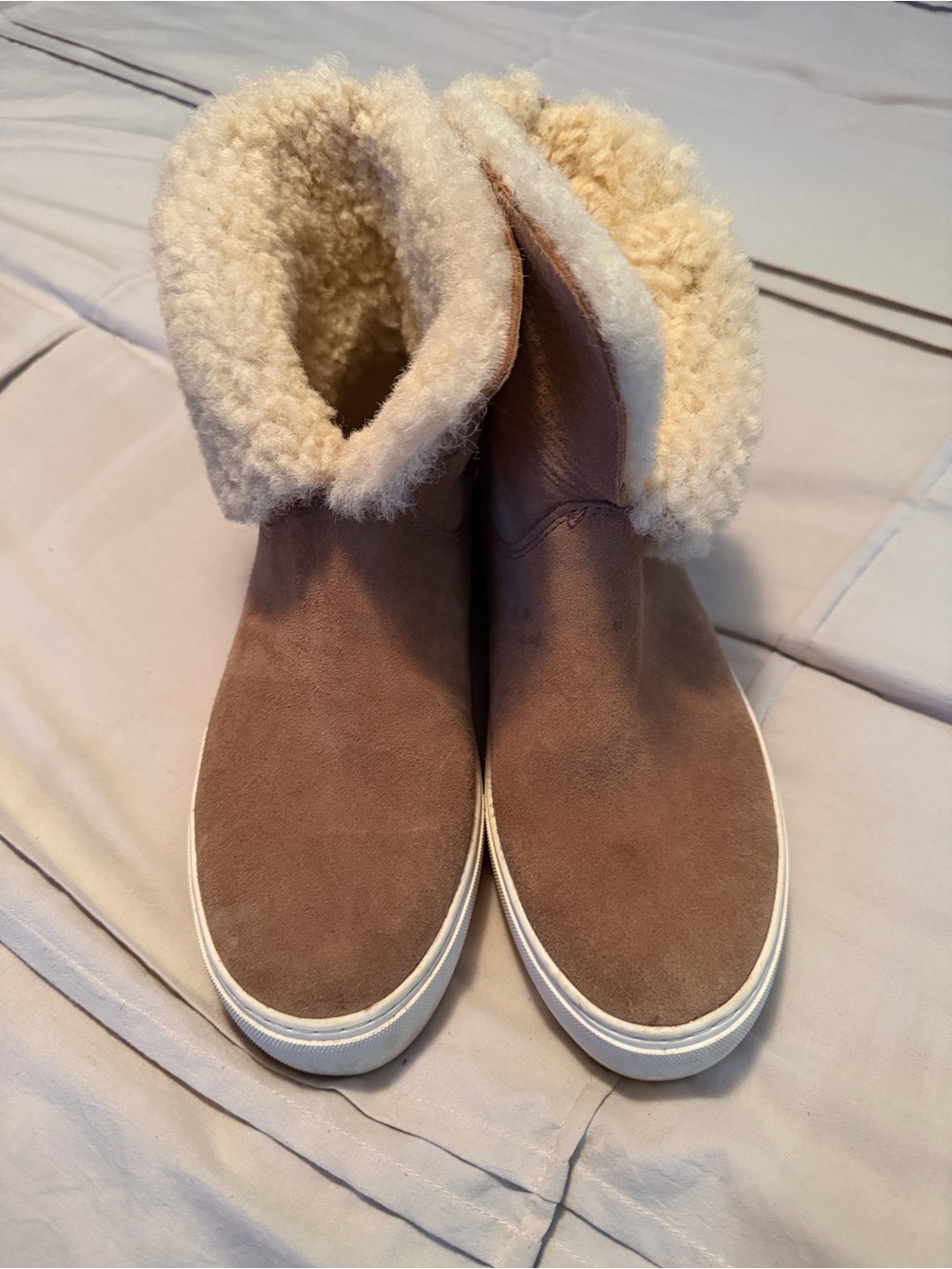 UGG Taupe Suede Ankle Booties with Cream Shearling Collar